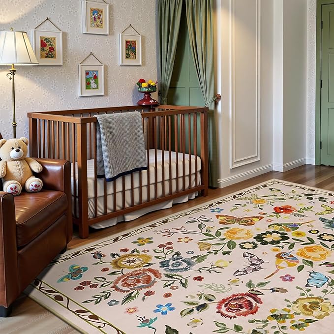 Rugflix 5x7 Washable Area Rug for Living Room, Soft Non Slip Low Pile Carpet, Floral Vintage Stain Resistant Rugs for Bedroom, Dining Room, Home Office, Beige