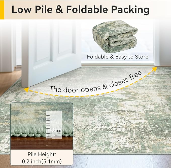 Washable Area Rugs 6'x9' Non-Slip Modern Abstract Soft for Living Room Entryway Bedroom Nursery, Print Pattern, Light Green/Yellow