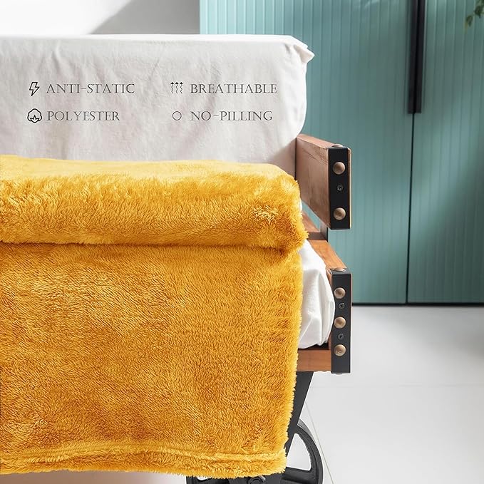 Exclusivo Mezcla Plush Fuzzy Fleece Throw Blanket Extra Large, Super Soft, Fluffy and Warm Blankets for Couch, Bed, All Season (Mustard Yellow, 50x70 inches)