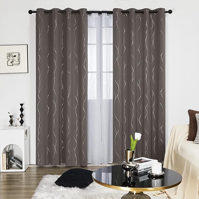 Deconovo Blackout Curtains, Thermal Insulated Soundproof Grommet Drapes, Wave Line Dots Foil Print, 52 x 84 Inch Long, 2 Panels, Machine‑Washable Window Curtains for Bedroom Living Room Nursery, Taupe