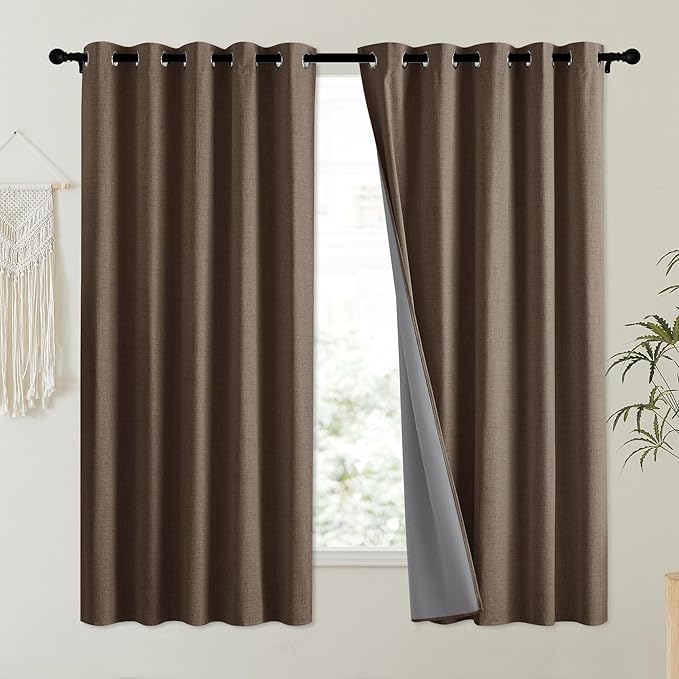 NICETOWN Coffee Vintage Linen 100% Blackout Curtains for Kitchen, Thermal Insulated Curtains 63" Long, Noise Reducing Window Treatment Drapes for Dorm Room, 62" Wide Per Panel, Set of 2