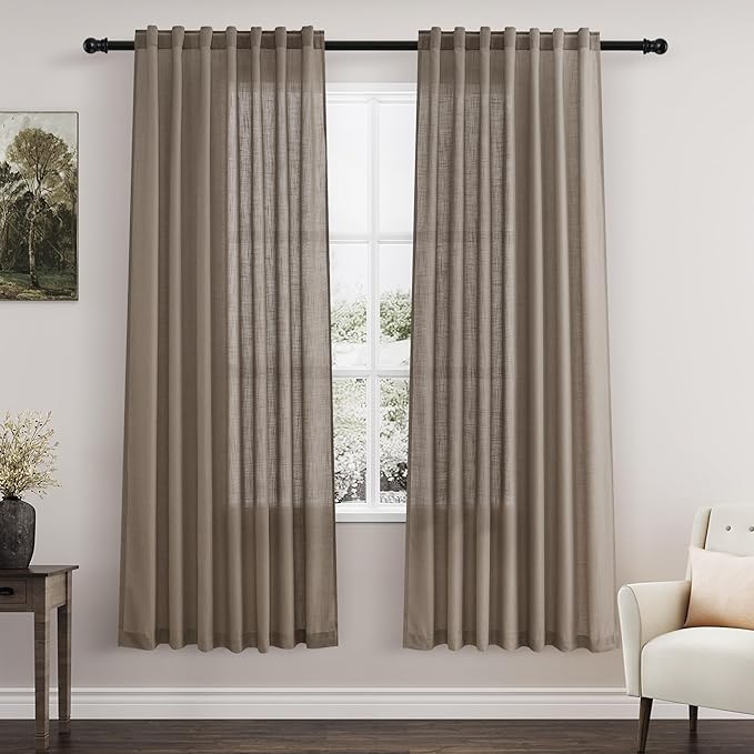 Nanspring Dark Taupe Semi Sheer Curtains 72 Inches Long 2 Panels Set for Bedroom Back Tab Rod Pocket Light Filtering Privacy Drapes Cotton Linen Textured Farmhouse Living Room Curtain 52X72 Inches
