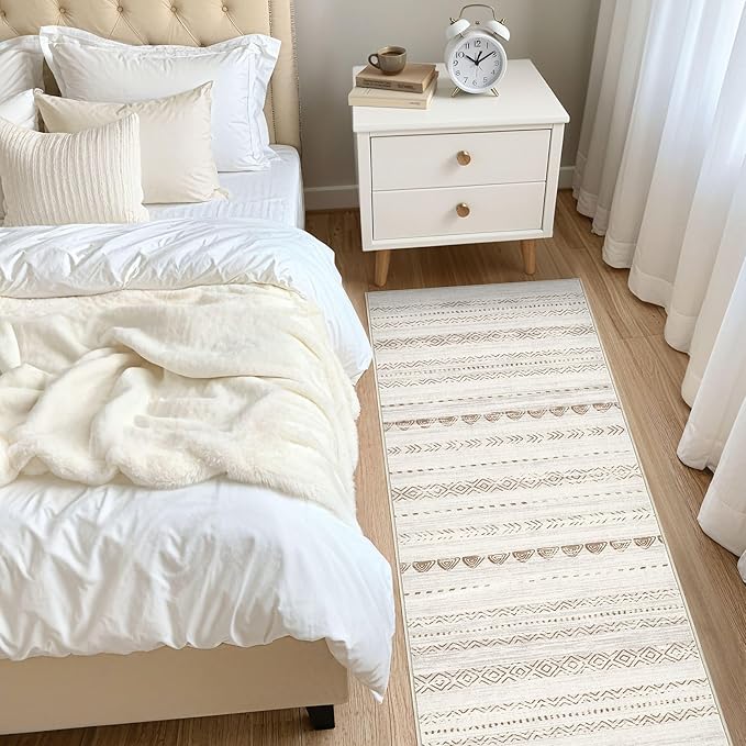 Nakagishi Runner Rug Kitchen Washable Rugs: 2x6 Non-Slip Boho Soft Modern Stain Resistant Indoor Floor Neutral Farmhouse Throw Carpet for Hallway Bathroom Laundry Room Entryway Bedroom- Beige