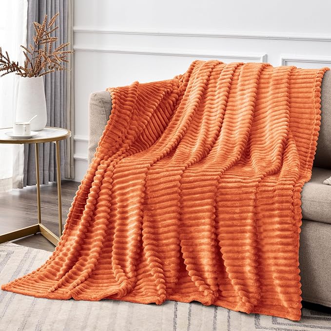 BEDELITE Fleece Blanket Queen Size, 3D Ribbed Jacquard Soft & Warm Decorative Blankets – Cozy, Fuzzy, Fluffy, Plush Lightweight Throw Blankets for Couch, Bed, Sofa(Orange, 90x90 inches)