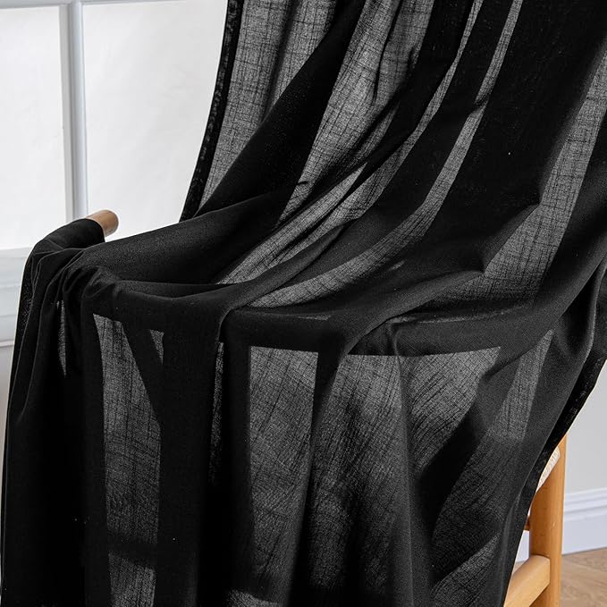 MIULEE Black Linen Curtains 84 Inch Length 2 Panels for Bedroom Living Room, Soft Thick Linen Textured Back Tab Window Drapes Semi Sheer Light Filtering Rod Pocket Modern Farmhouse Halloween Decor
