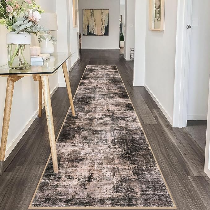 IOHOUZE Abstract Runner Rug 2x10 Ft Washable Runners for Hallways, Non Slip Kitchen Runner Printed Faux Wool Entryway Runner Indoor, Modern Abstract Floor Carpet for Hall Kitchen, Brown/Rust