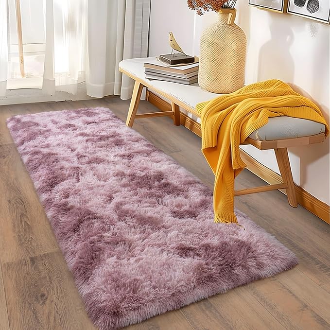 Soft Runner Rugs for Bedroom Hallways, 2x6 Tie-Dyed Grey Purple Fluffy Shag Throw Area Rug Non Slip for Bedside Dorm, Long Shaggy Furry Carpet for Nursery Living Room