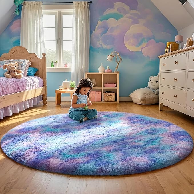 Ophanie Round Rugs 5Ft Tie-Dye Rainbow Purple Area Rug, Aesthetic Room Decor, Fluffy Fuzzy Bedroom Carpet, Plush Soft Shaggy Colorful Living Room Rugs for Kids Home Decor, Nursery