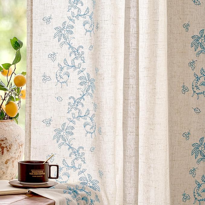 jinchan Evelyn Embroidered Linen Curtains for Living Room Farmhouse Floral Curtains for Bedroom Semi Sheer Light Filtering Window Drapes Rod Pocket Back Tab 2 Panels W50 x L96 Blue
