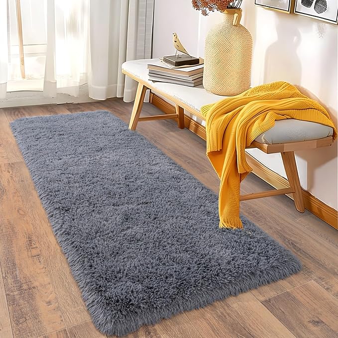 Ultra Soft Runner Rugs for Bedroom Hallways with Upgraded Non-Slip Rubber Backing & Thick Memory Sponge, 2x5 Feet Fluffy Shag Throw Area Rug for Bedside Dorm Dark Grey
