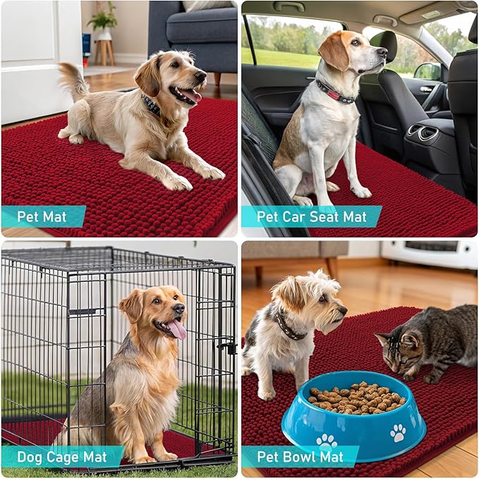 OLANLY Dog Door Mat for Muddy Paws 47x24, Absorbs Moisture and Dirt, Absorbent Non-Slip Washable Doormat, Quick Dry Chenille Mud Mat for Dogs, Entry Indoor Entryway Carpet for Inside Floor, Red