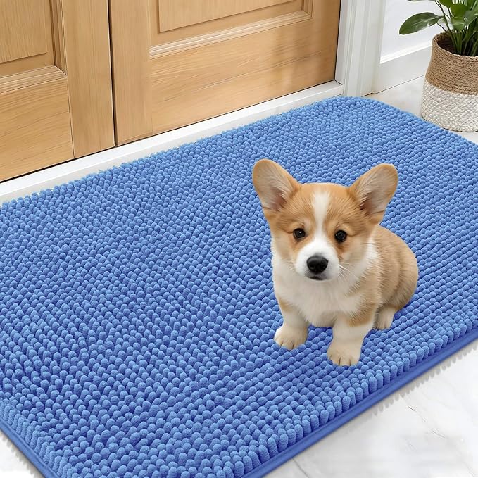 OLANLY Dog Door Mat for Muddy Paws 24x16, Absorbs Moisture and Dirt, Absorbent Non-Slip Washable Doormat, Quick Dry Chenille Mud Mat, Entry Indoor Entryway Carpet for Inside Floor, Cornflower Blue