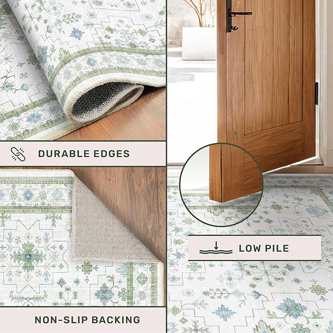 Hazo Haus Boho Bathroom Runner 2x7 - Cream Green Oushak Floral Turkish, Washable Low Pile Non Slip Stain Resistant Small Accent Rug for Kitchen, Hallway