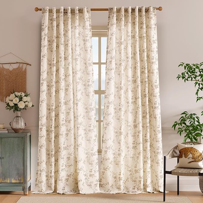 "Lazzzy Farmhouse Polyester blended Curtains Taupe Floral Curtains 96 Inch Length Back Tab Drapes for Living Room Bedroom Light Filtering Country Vintage Rod Pocket Curtain, 2 Panels, Taupe on Beige