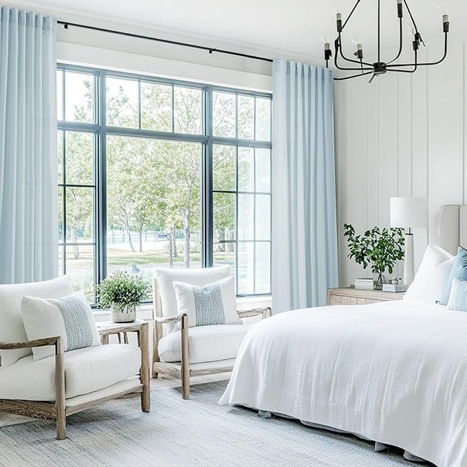 Sky Blue Curtains 108 inch Length for Bedroom Back Tab Light Filtering Semi Sheer Blue Living Room Curtains Linen Cotton Textured Drapery Panel Aesthetic Decor Light Blue 52x108