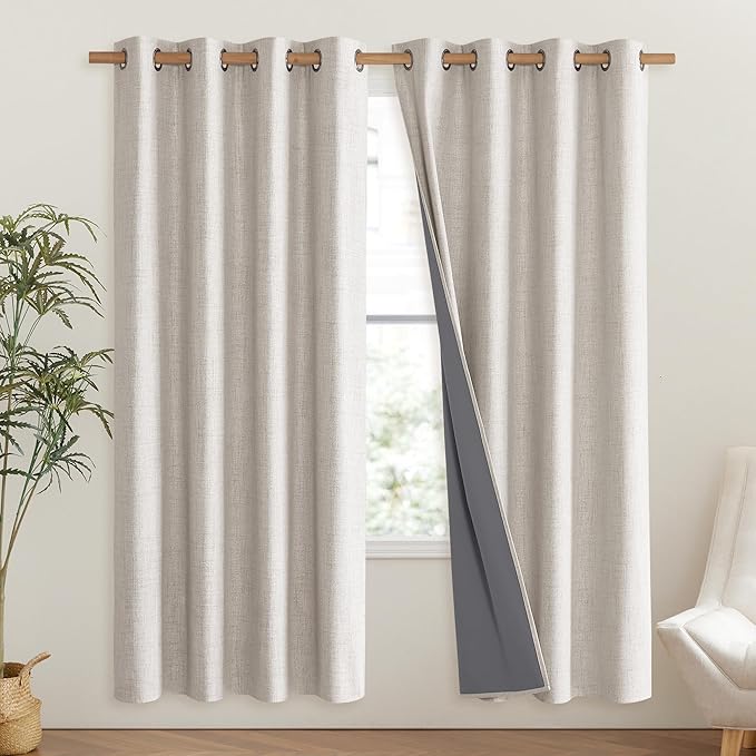 NICETOWN Brich Vintage Open Linen Weave Flax Thermal Curtains, 100% Blackout Curtains 72" Long for Dining Room, Soundproof Window Treatment Drapes for Hall Room, 52" Wide Per Panel, Set of 2