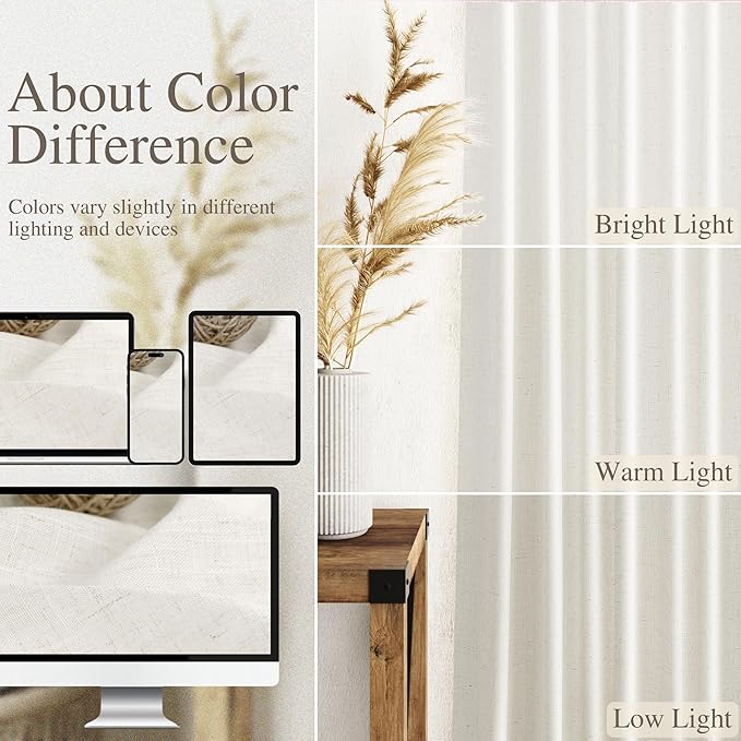 Beige White Linen Curtains 108 Inches Long for Living Room Bedroom 2 Panels Set Extra Long Back Tab Curtain Light Filtering Semi Sheer Drapes Floor to Ceiling Curtains for Large Windows 52x108