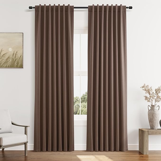 Guken Cappuccino 100% Blackout Linen Curtains 84 Inch Length 2 Panels Set for Living Room Bedroom Back Tab/Rod Pocket Thermal Insulated Farmhouse Black Out Drapes Room Darkening,52x84