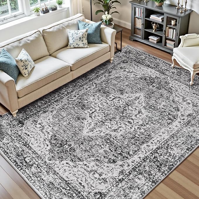 Lofus 8x10 Area Rugs for Living Room, Washable Area Rug, Rugs for Bedroom, Kitchen, Vintage Boho Carpet, Soft Non-Slip, Low Pile Large Area Rug for Office Dining Room, Vintage Dark Grey