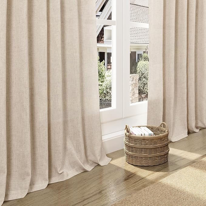 Nanspring Grey Flax Curtains 90 Inch Length 2 Panels Set for Living Room Linen Blend Light Filtering Mordern Boho Sheer Curtain Back Tab and Rod Pocket Neutral Drapes for Bedroom Office 52x90