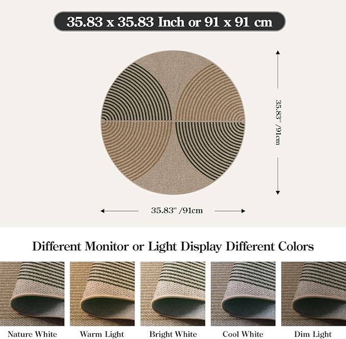 Lahome Enfys Modern Rainbow Round Rug 3ft, Circle Indoor Outdoor Rugs for Entryway Patio Washable Easy Jute Rug, Farmhouse Non Slip Small Round Rugs for Bedroom Porch Living Room Decor