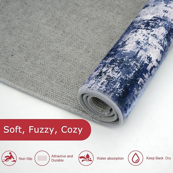 KOZYFLY Modern Abstract Rug Runner for Hallway 2x8 Navy Blue Kitchen Runner Rug Non Skid Washable Carpet Runner Laundry Room Mat Soft Fluffy Low Pile Rug for Hallway Entryway Bathroom