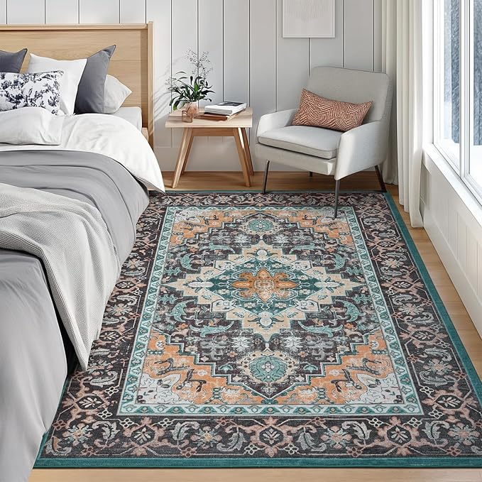 Lofus 5x7 Area Rugs for Living Room, Washable Area Rug, Rugs for Bedroom, Kitchen, Vintage Boho Carpet, Soft Non-Slip, Low Pile Large Area Rug for Office Dining Room, Floral Green