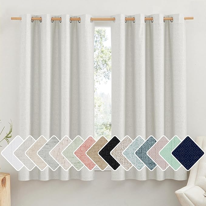 NICETOWN 100% Absolutely Blackout Linen Curtains with Thermal Insulated White Liner, Ivory, 52" W x 48" L, Set of 2, Burlap Textured Textured Linen Look Privacy Window Treatment for Kitchen