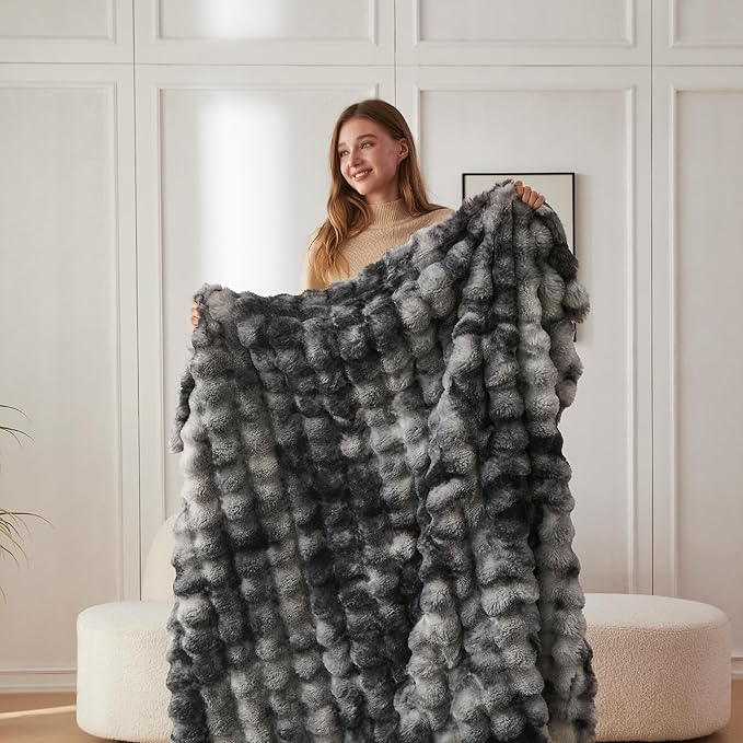 COOVA Faux Fur Throw Blanket for Couch, Cozy Soft and Fuzzy Plush Rabbit Fur Bubble Blanket for Sofa Bedroom Living Room, 60x80 Inches Tie Dye Light Grey