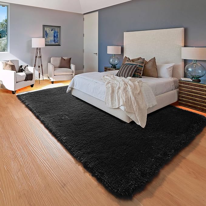 ONASAR Black Area Rugs for Living Room Bedroom, 5x8 Fluffy Shaggy Rug, Soft Plush Large Indoor Floor Carpet for Nursery Kids Girls Boys Teen Dorm Bedside Playroom Home Office Decor Aesthetic