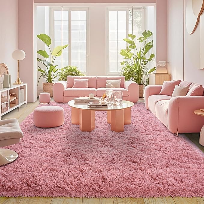 Pionblank 8x10 Rug for Living Room, Fuzzy Plush Large Area Rug, Fluffy Modern Shag Non Slip Soft Furry Carpet for Bedroom Kids Room Nursery Teens Dorm Home Decor, Blush