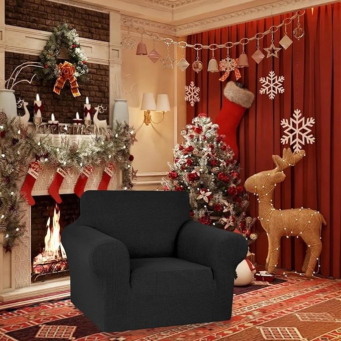 KEKUOU Stretch Single Sofa Slipcover 1 Piece Couch Sofa Cover (31"-55") Furniture Protector 1 Seater Sofa with Elastic Bottom for Kids,Pet.Jacquard Small Checked Pattern Fabric(Small,Black)