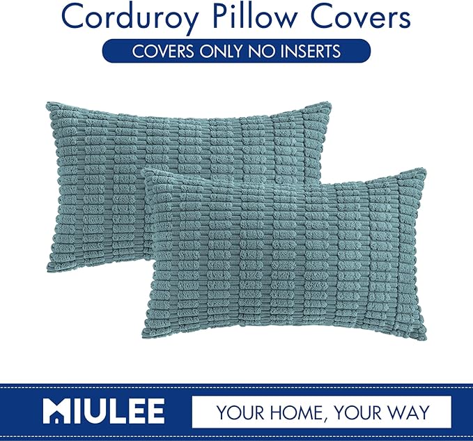 MIULEE Pack of 2 Corduroy Decorative Lumbar Throw Pillow Covers 20x12 Inch Soft Boho Striped Pillow Covers Modern Farmhouse Home Decor for Summer Coastal Sofa Living Room Couch Bed Coastal Blue