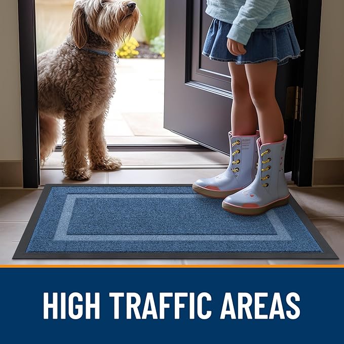 OLANLY Front Door Mat Indoor Outdoor Entrance, Waterproof All-Season, All-Weather Doormat, Sturdy Natural Rubber, Fade Resistant, Low Profile, Easy Clean Patio Porch Entryway Mat, 71x23, Light Blue