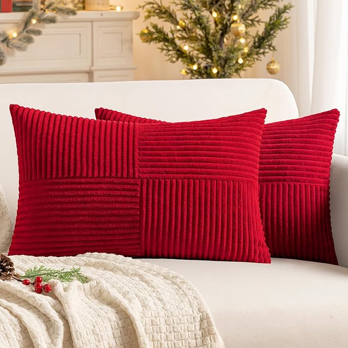 MIULEE Christmas Red Decorative Lumbar Throw Pillow Covers 12x20 Inch for Couch Bed Sofa Pack of 2 Boho Farmhouse Throw Pillows Soft Cross Corduroy Patchwork Textured Cushion Cases