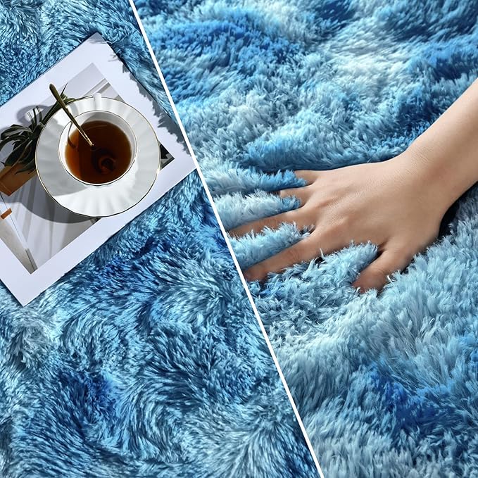 Deerhoo Shag Area Rug, 4 X 6 Tie-Dyed Plush Fuzzy Rugs for Living Room, Ultra Soft Fluffy Furry Rug for Bedroom, Indoor Carpet Nursery Rugs for Kids Room Home Decor, Bright Blue