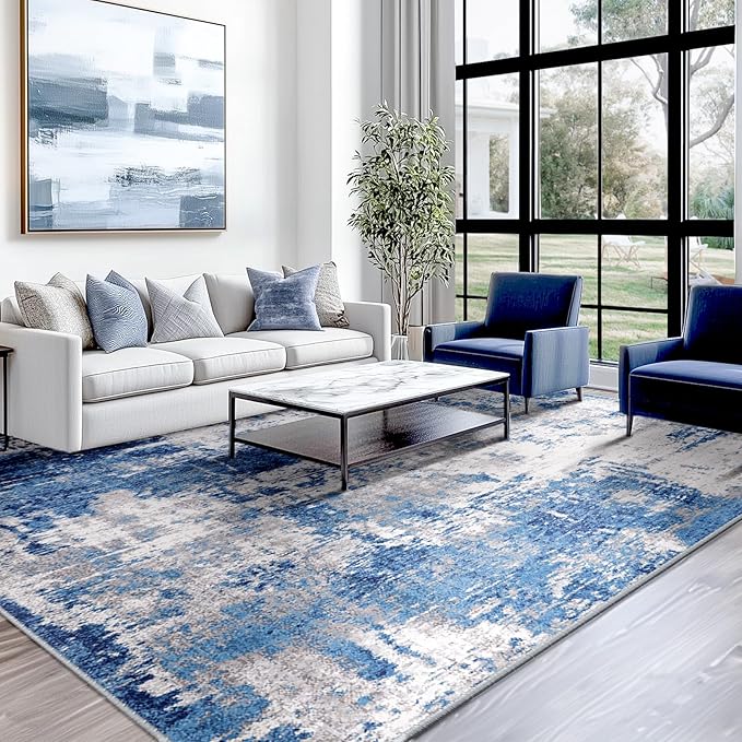 Washable Area Rugs Square 8ft Non-Slip Modern Abstract Soft for Living Room Entryway Bedroom Nursery, Print Pattern, Blue Grey Navy Gray