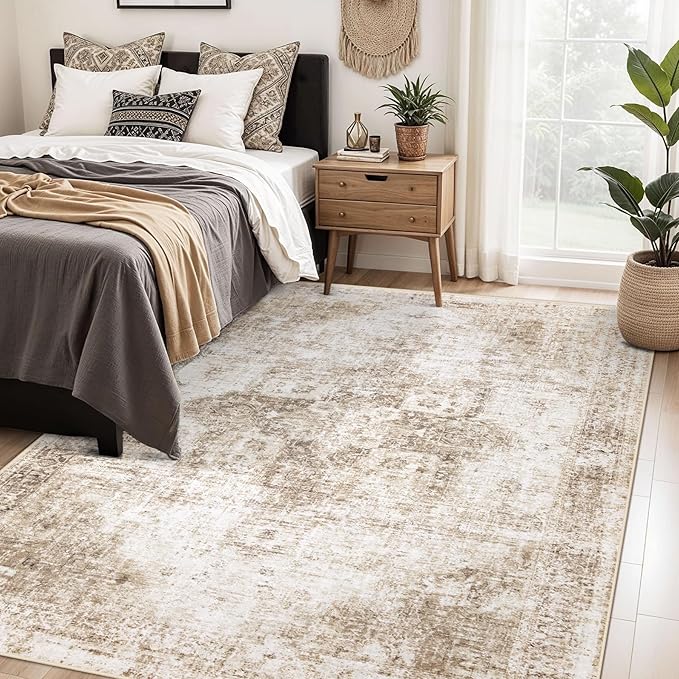 Area Rug 5x7 Washable Rug, Vintage Boho Medallion Rugs Non-Slip Soft Low Pile Large Distressed Rug Indoor Retro Carpet for Living Room Bedroom Dining Room Home Office (Brown, 5'x7')