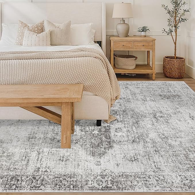 Area Rug 6x9 Washable Rug, Vintage Boho Medallion Rugs Non-Slip Soft Low Pile Large Distressed Rug Indoor Retro Carpet for Living Room Bedroom Dining Room Home Office (Grey, 6'x9')