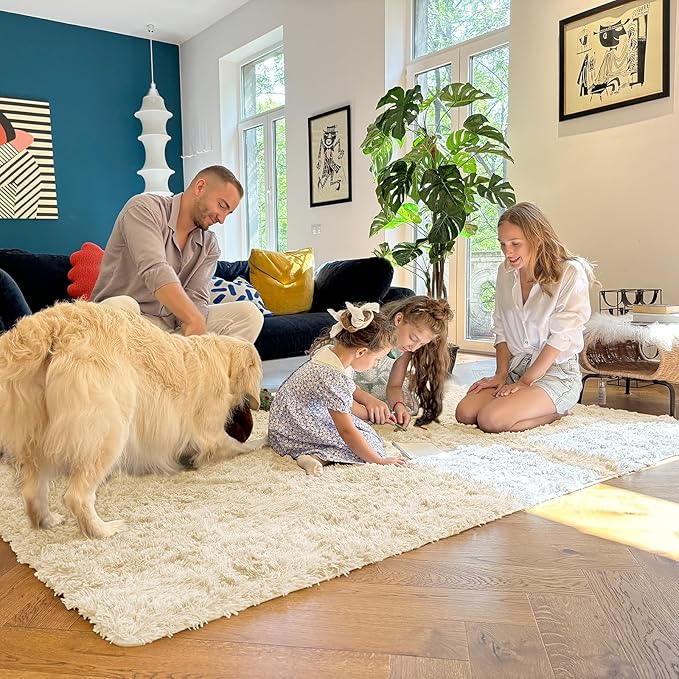 OLANLY 6x9 Machine Washable Large Area Rugs for Living Room, Bedroom, Soft Fluffy Shaggy Bedside Rug, Indoor Floor Carpet for Kids Girls and Boys, Dorms, Nursery, Home Decor Aesthetic, Cream