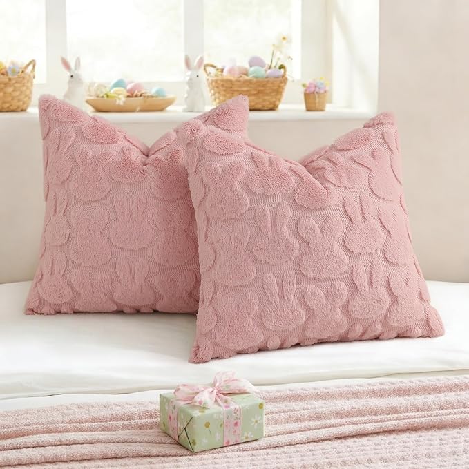 decorUhome Easter Bunny Pillow Covers 16x16 Inch Set of 2, Soft Plush Faux Wool Jacquard Pink Rabbit Cushion Covers, Farmhouse Neutral Spring Easter Holiday Decor for Couch Sofa Bed