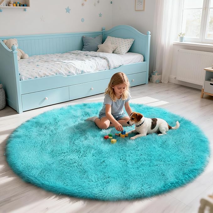 yulidayang Soft Round Area Rug for Kids Bedroom, Fluffy Fuzzy Shaggy Rug 3'X3'for Living Room, Non Slip Circle Plush Rug for Girls Room Nursery Dorm Decor,Light Blue