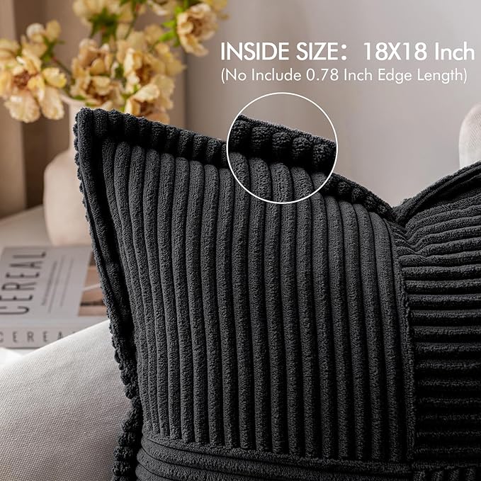 MIULEE Decorative Throw Pillow Covers for Couch Bed Livingroom 18x18 Inch Set of 2 Black Boho Accent Throw Pllows Broadside Striped Patchwork Soft Corduroy Pillowcases