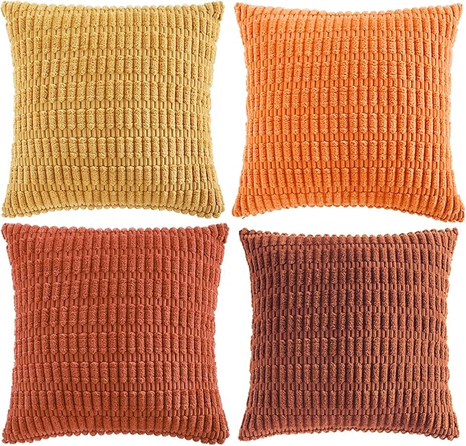 Fancy Homi Set of 4 Burnt Orange Fall Boho Decorative Throw Pillow Covers 26x26 Inch for Couch Bed Sofa, Aesthetic Modern Bohemian Room Decor, Fuzzy Fluffy Cozy Corduroy Textured Cushion Case 66x66cm