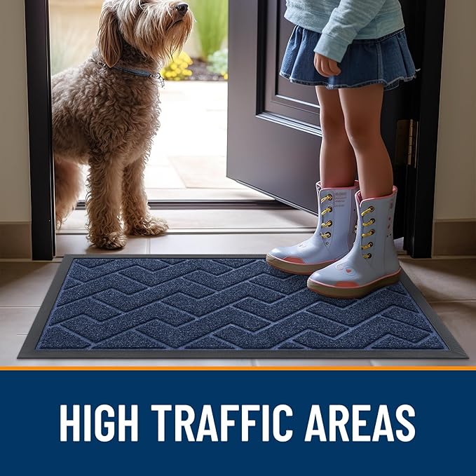 OLANLY Front Door Mat Indoor Outdoor Entrance, Waterproof All-Season, All-Weather Doormat, Sturdy Natural Rubber, Low Profile, Easy Clean Patio Porch Entryway Mat, Herringbone Brick (Blue, 59x23)