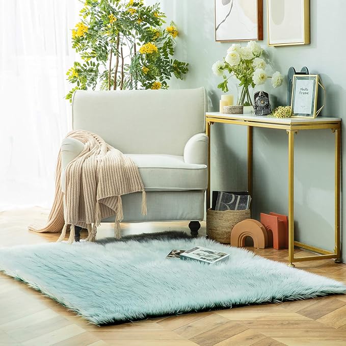 Ashler faux fur rug, Fluffy Shaggy Area Rug Ultra Soft 4 x 6 Feet Rectangle Fur Rug Frosted Bottom Spring Green Fuzzy Rug Machine Washable Shag Rug, Nursery Decor Throw Rugs for Bedroom, Living Room