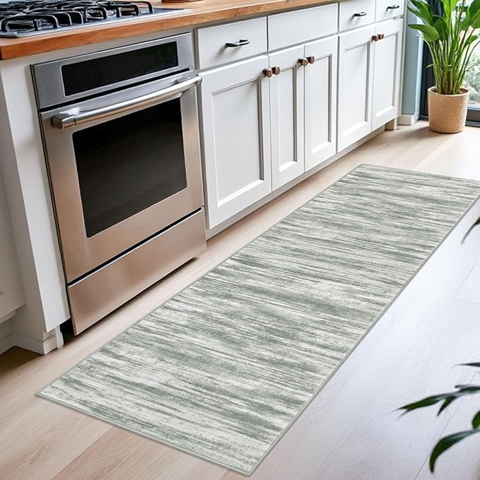 KOZYFLY Modern Abstract Runner Rugs 2x6 Grey Green Machine Washable Area Rug for Bedroom Non-Slip Living Room Rug, Faux Wool Soft Low Pile Office Carpet for Dining Room, Bedroom, Kitchen Bathroom