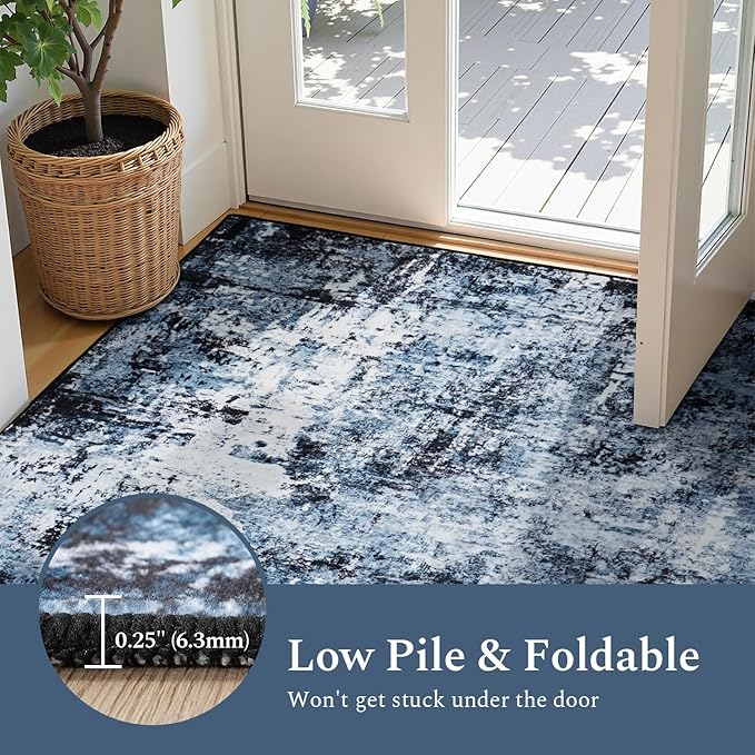 Rugflix 2x8 Runner Rug for Entryway, Kitchen Rugs Soft Non-Slip Washable Runners for Hallway, Abstract Small Carpet with Non-Slip Rubber for Bedroom, Living Room, Navy Blue/Black