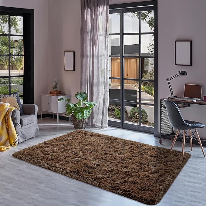 Goideal Fluffy Rug for Bedroom Living Room, 3x5 Brown Area Rugs, Faux Fur Shag Modern Carpet Ultra Soft Girls Boys Room Home Decor, Solid