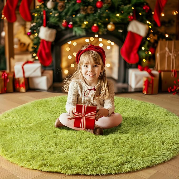 Grass Green Round Rug 4Ft for Bedroom, Fluffy Shag Circle Area Rugs for Kids Room Classroom Nursery, Cool Living Room Decor Aesthetic, Cute Fuzzy Moss Floor Carpet for Preppy Dorm Apartment, Circular